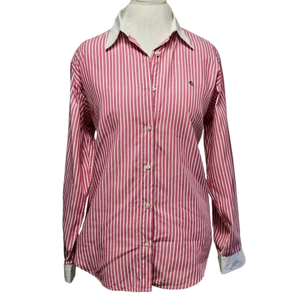 Lauren Ralph Lauren Womens Pinstripe Pink White Collared Shirt Size 12